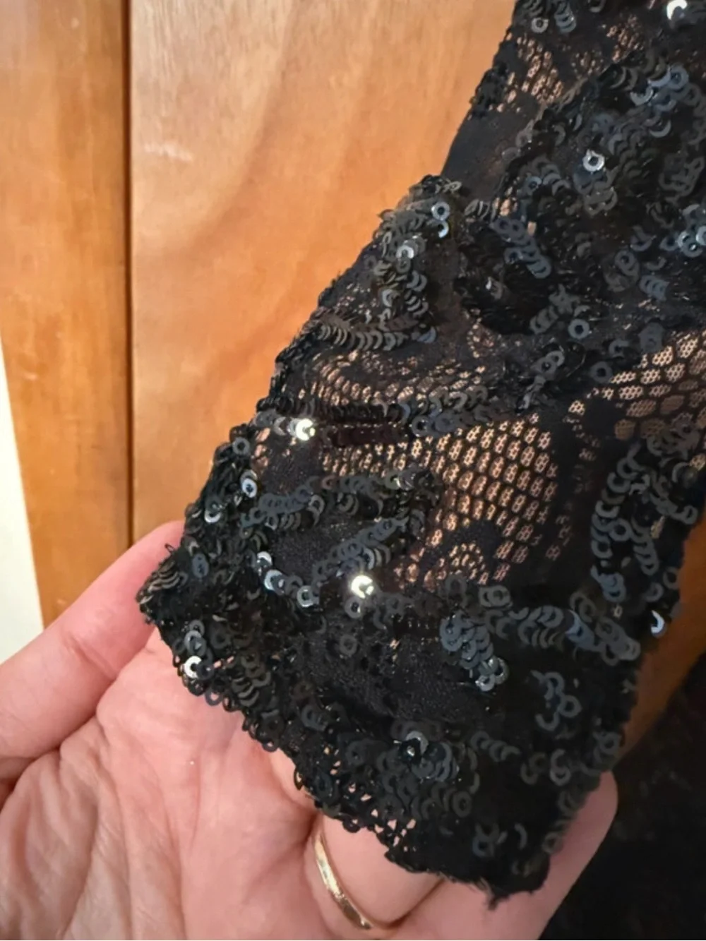 NADINE MERABI Black Sequin Lace Long-Sleeve Fitted Jumpsuit